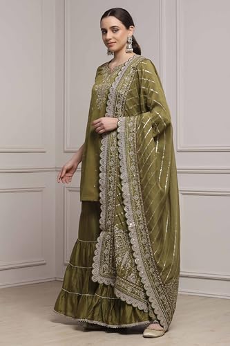 Biba Women Mehndi Green Cotton Silk Straight Suit Set_38