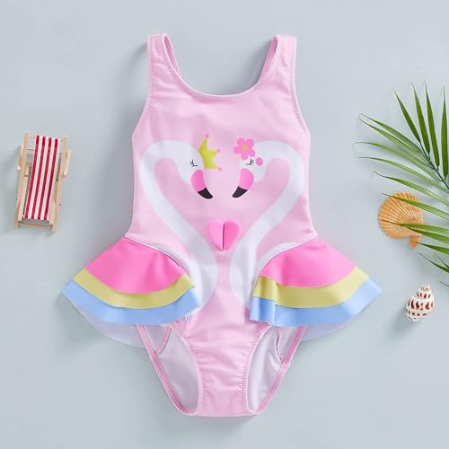 Baby Bucket Baby Girls Swimsuit Sleeveless Swan Print Summer Beach One Piece Swimwear Beachwear 3-4 Yr Pink