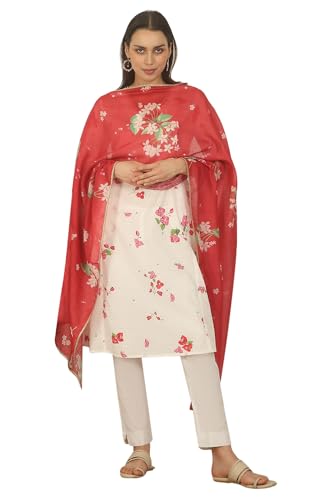 W for Woman Red Floral Printed Damini Dupatta With Lace