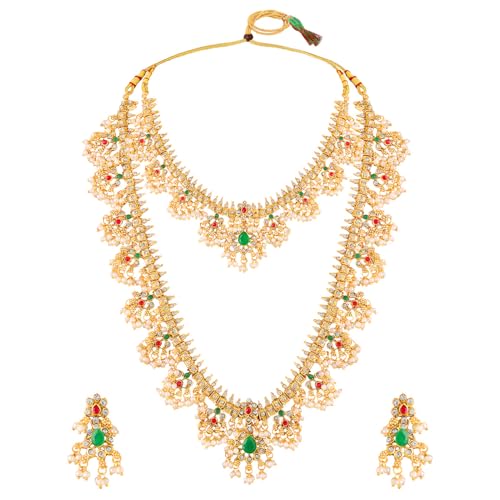 Peora Gold Plated Faux Emerald Faux Ruby & Beads Studded Choker & Long Necklace Earrings Set Ethnic Bridal Jewellery for Women