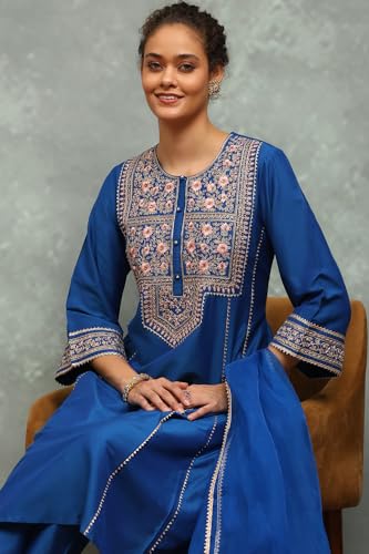 Rangriti Women Blue Viscose Blend Embroidered Kalidar Suit Set_36