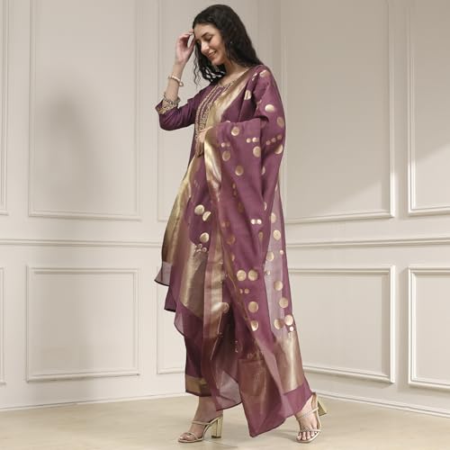 Biba Women's Blended Kurta Set (SKDASRTFES30458AW25OLDRS_Old Rose