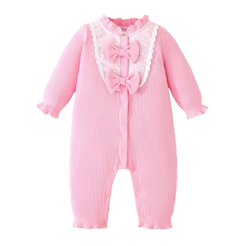 Hopscotch Girls Full Sleeves Pink Bow Applique Ruffled Bodysuit For Ages (6-9 Months)