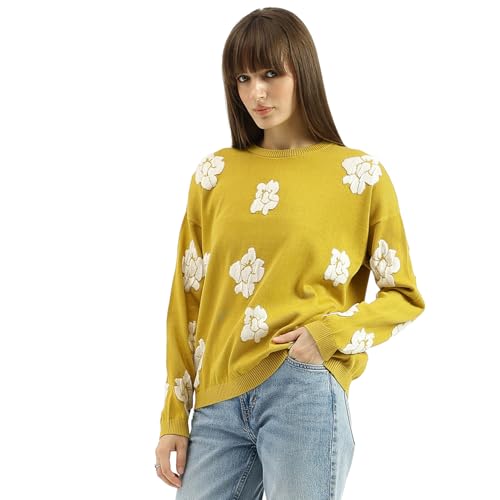 United Colors of Benetton Round Neck Floral Texture Sweater (Size: M)-25A1099W3172I26B Lime