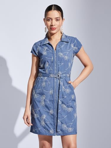 Latin Quarters Women Blue Collared Cap Sleeve Embroidery A-Line Dress for Casual Wear