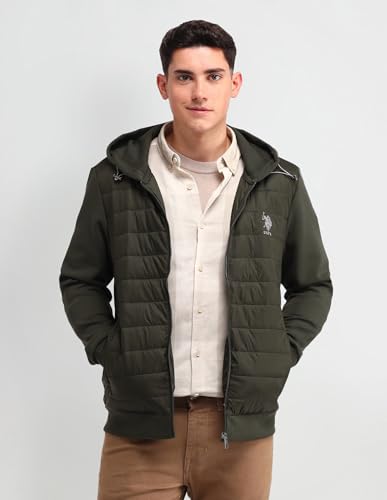 U.S. Polo Assn. Denim Co. Men's Green Solid Hooded Long Sleeve Casual Polyester Regular Fit Quilted Jacket (UDJCK1408_Green_S)