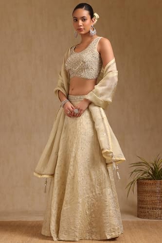 Soch Women's Brocade Lehenga Choli Set (OWS5CD21775_Cream_XL)
