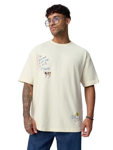 The Souled Store Learned A Lot Men and Boys Short Sleeves Round Neck Off White Graphic Printed Casual Lightweight Drop Shoulder Streetwear Trendy Oversized T-Shirt