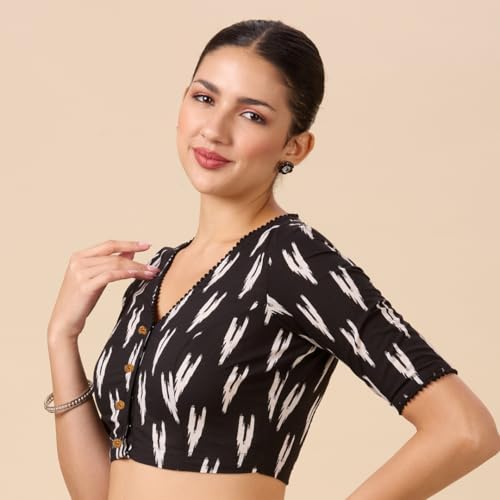 Studio Shringaar Women's Readymade Black Cotton Block Printed Elbow Length Sleeves Saree Blouse (Black, 48)