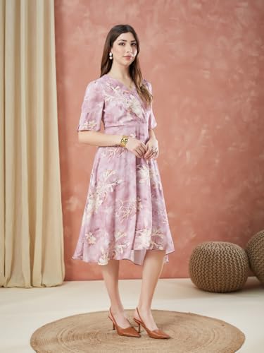 Latin Quarters Women's Pink Half Sleeves Printed V-Neck Casual Dress_XL