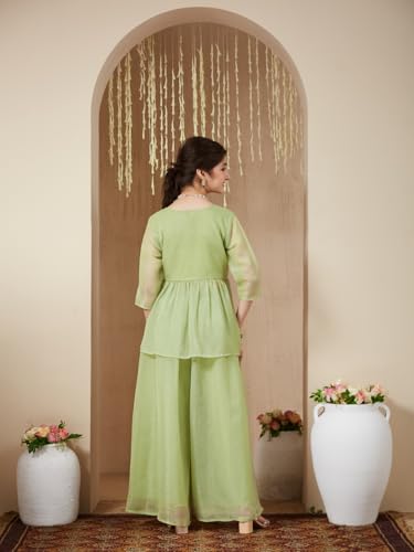 CURLY TALES ALPHA Girl's Light Green Polyester Floral Pattern Short Kurti with Plazzo |Etnic Wear