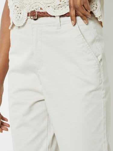 Max Women Solid Trousers with Braided Belt(Off White_34,)