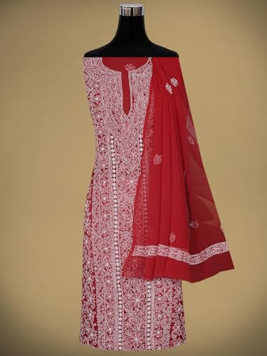 Ada Hand Embroidered Lucknowi Chikankari Unstitched Georgette Dress Material Suit Piece with Dupatta for Women 01A873546 Red