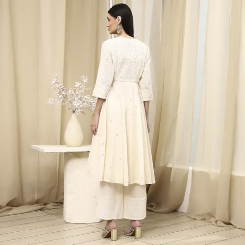Biba Women Off-White Cotton Schiffli Anarkali Suit Set_42