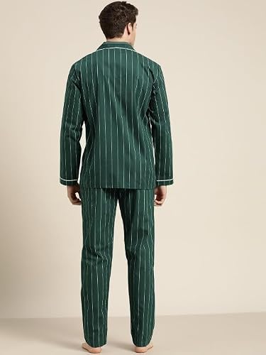 Hancock Men Cotton Striped Pyjama Set Bottle Green Size L