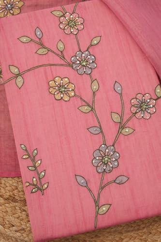 Soch Womens Pink Linen Shimmer Floral Print Unstitch Dress Material With Thread Work