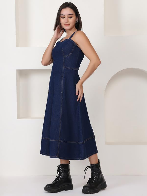 Puella Women’s Dark Blue Sleeveless Flared Denim Midi Dress | Sweetheart Neck | Fit & Flare Style | Stretchable Cotton | Casual Western Dress