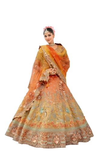 Designer Bridal Lehenga Choli Set, Orange and Gold Ombre with Floral Embroidery