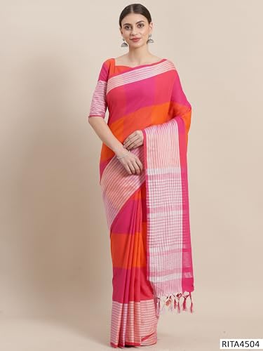 SAREE MALL Women's Pink Cotton Blend Checkered Printed Saree With Unstitched Blouse (RITA4504_GIF)