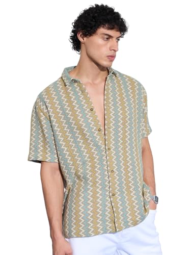 The Souled Store Open-Knit Shirt: Zig-Zag Men and Boys Short Sleeves Collared Neck Button Front Multicolor Striped Cotton Blend Oversized Holiday Shirts