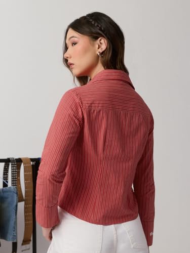 The Souled Store Hot Mess Women and Girls Full Sleeves Collared Neck Red Stripes Embroidered Cotton Slim Fit Breathable Hand-Detailed Everyday Casual Shirt