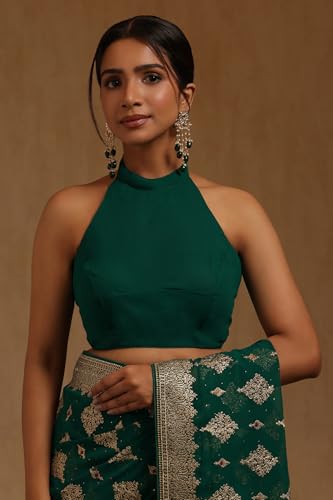 Soch Womens Teal Green Georgette Floral Zari Embroidered Saree With Stone Work