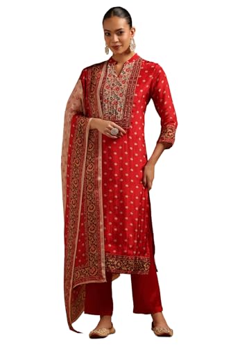 Soch Womens Red Muslin Floral Salwar Suit With Sequins