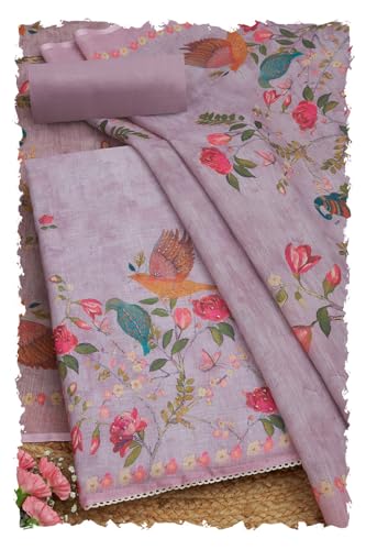 Soch Womens Lavender Linen Botanical Print Unstitch Dress Material With Sequins