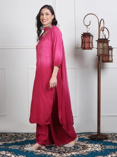 Fashion Chikan Art Women's Lucknowi Chikankari Hand-Embroidered Rayon Dyed Kurta, Palazzo & Dupatta 3-Piece Set | Festive, Ethnic & Causal Suit(XL, Pink)