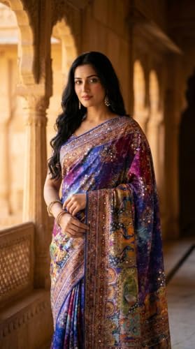 SHANTVAN GALLERY Ajrakh Sarees for Women Roman Silk Ajrakh Print Saree for Woman with Mirror Work Border Pallu & Kodi Latkan with Blouse Piece Designer Ethnic Wear