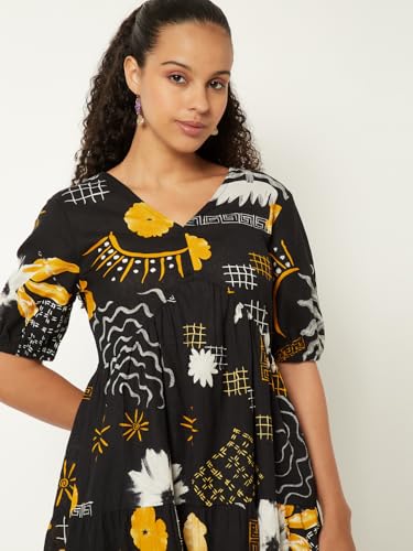 Max Women Printed Tiered Dress (Black_XS)