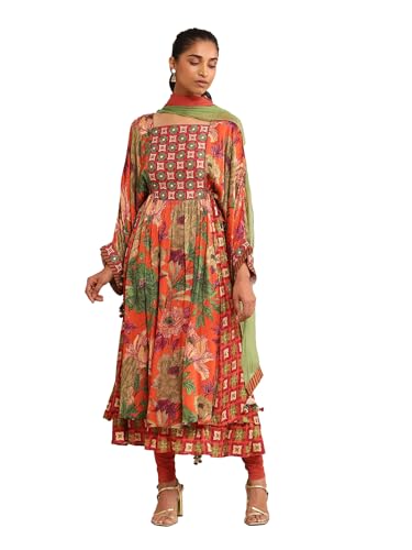 Ritu Kumar Orange Floral Print Kurta With Legging And Dupatta