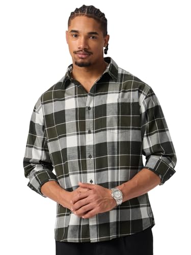 The Souled Store Plaid Shirt: Verdant Men and Boys Long Sleeve Spread Collar Green Plaid Lightweight Everyday Office Wear Easy to Style Casual Cotton Relaxed Shirt