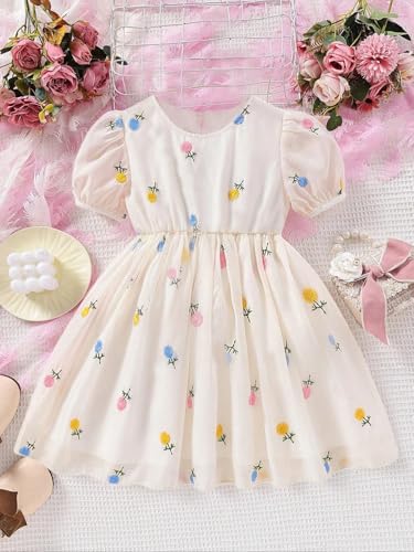 TAGAS Girls Swiss Dot Floral Print Dress Sleeve Less Round Neck Elastic Waist Dress for Girls(KD-399) (3-4 Years, of White)