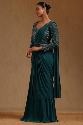 Soch Womens Teal Green Spandex Solid Ready To Wear Saree