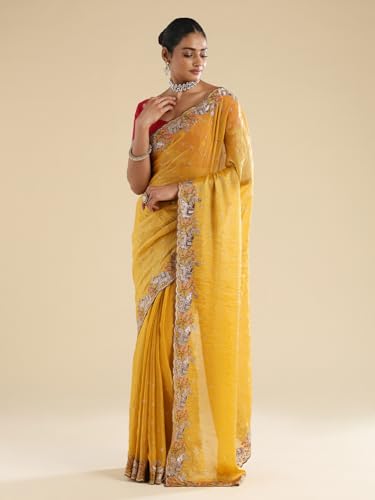 AKHILAM Women's Yellow Satin Elephant Embroidered Saree With Unstitched Blouse Piece (ANIKA2701_AG)