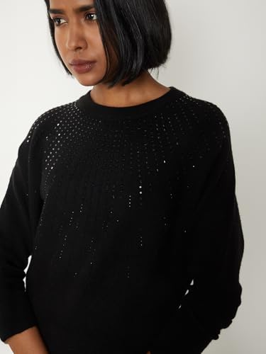 Max Women Embellished Knit Sweater (Black_XL)
