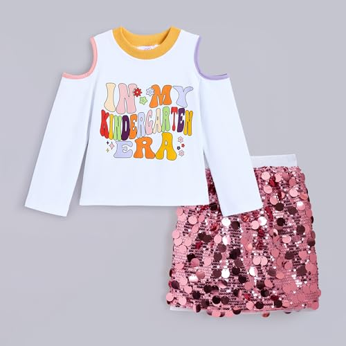 Hopscotch Girls Cold-Shoulder Sleeves White 2-Pc Sequin Embellished Skirt Set (8-9 Years)