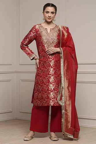 Biba Women Red Viscose Rayon Straight Yarndyed Suit Set_36