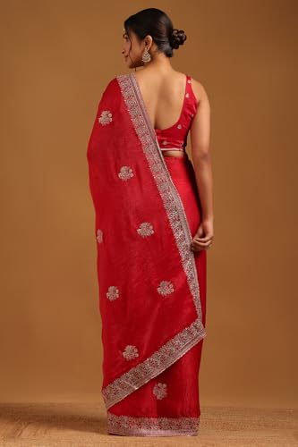 Soch Womens Red Fendy Organza Floral Saree With Stone Work