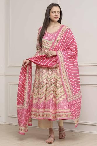 Biba Women Pink Cotton Printed Anarkali Suit Set_42