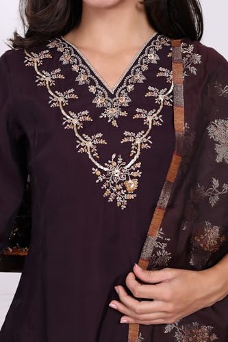W for Woman Purple Embroidered Straight Kurta, Pants and Dupatta Set - (WS13238-224189-S)