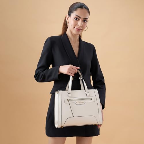 Caprese Cuba Medium Satchel Bag for Women | Elegant Multi-Compartment Handheld & Shoulder Bag with Adjustable & Detachable Strap | Work & Travel Bag with Zipper Closure (Alpine Oat)