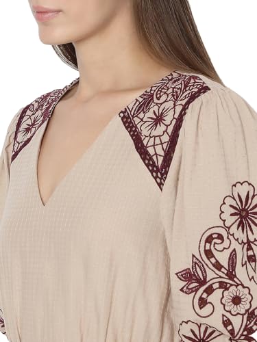 Vero Moda Women's Cotton Blend Fit and Flare Midi Dress (9013710- Beige