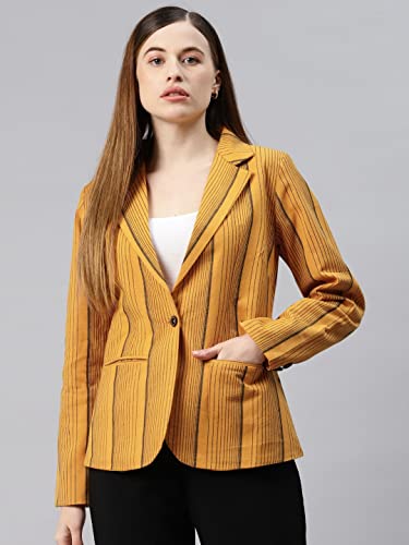 Cottinfab Women Yellow & Black Striped Blazer Single-Breasted