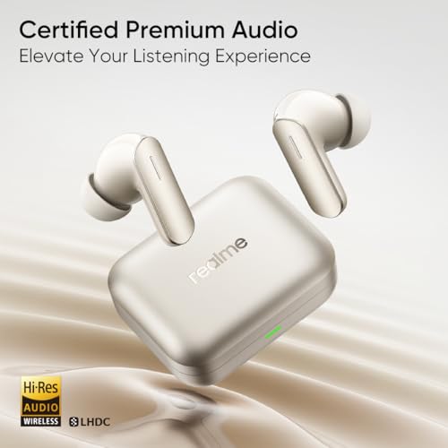 realme Buds Air 7,12.4mm Dynamic Bass Drivers,52Hrs Playtime,52dB Hybrid ANC,6 Mic ENC,45ms Low Latency,360° Spatial Audio,Hi-Res LHDC,IP55 Dust & Water Resistant,True Wireless TWS BT v5.4(Ivory Gold)