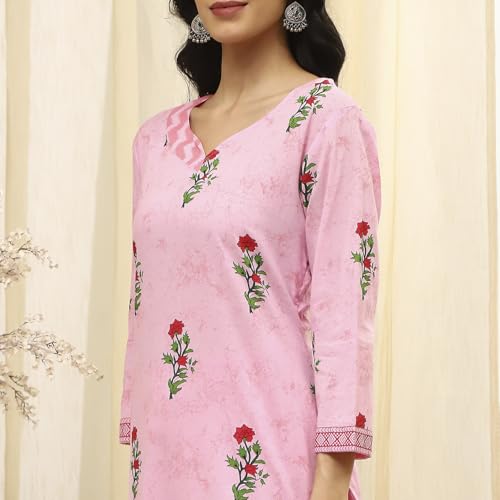 BIBA Women Pink Cotton Screen Print Unstitched Suit Set_FREE SIZE