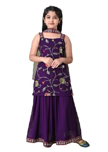 SPAMitude - Georgette Embroidery Sequin Kurta, Skirt and Dupatta Set for Girls – Ethnic Party Dress I Birthday Trendy Classic Outfit I Square Neck Sleeveless (PURPLE, 12-13 YEARS)