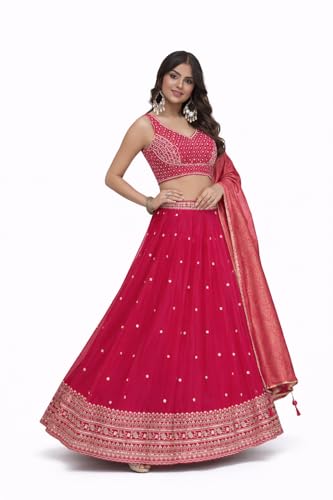 Dharohar Organza Handwork Lehenga Choli with Crop Top, Pink Embroidered Traditional Indian Ethnic Wear