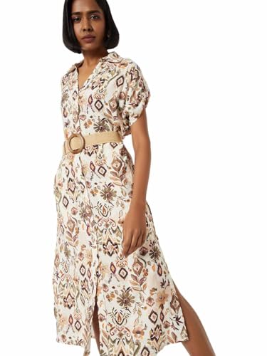 Max Women Printed Midi Dress with Belt (Beige_XXL)